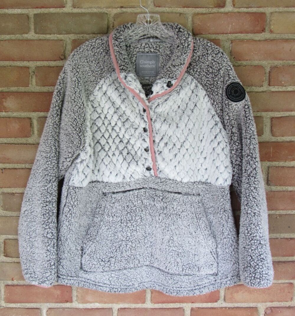 Simply Southern Fleece Pullover Womens Large Two Tone Gray Pink Trim Pouch